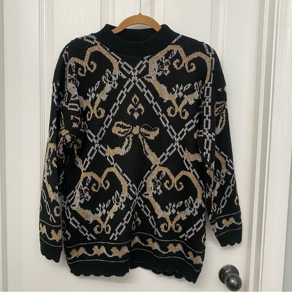 Vintage Dana Scott Metallic Bow Heart Sweater Medium Black Gold Silver - Picture 9 of 9